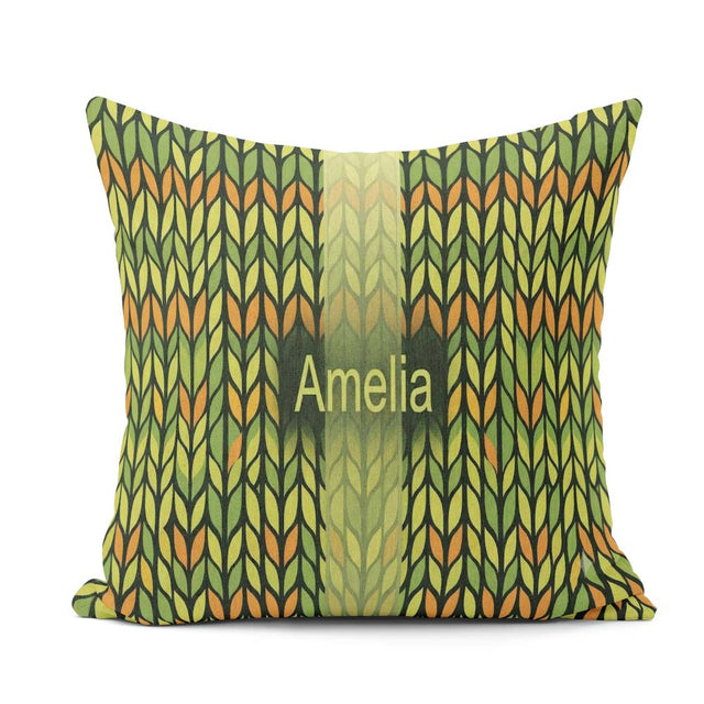 Custom Name Abstract Vertical Leaf Stripes Earthy Green and Gold Square Filled Cushion Throw Pillow Sofa Bed Home Decor Zip Washable UK Made