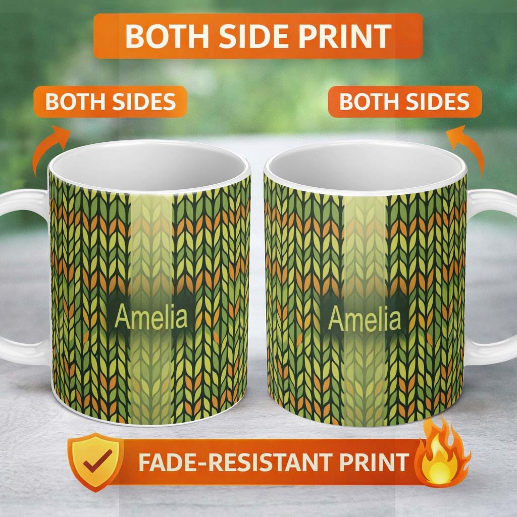 Personalized Custom Name Abstract Vertical Leaf Stripes in Earthy Green and Gold Seamless 11oz Ceramic Coffee Tea Mug White Large Handle