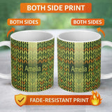 Personalized Custom Name Abstract Vertical Leaf Stripes in Earthy Green and Gold Seamless 11oz Ceramic Coffee Tea Mug White Large Handle