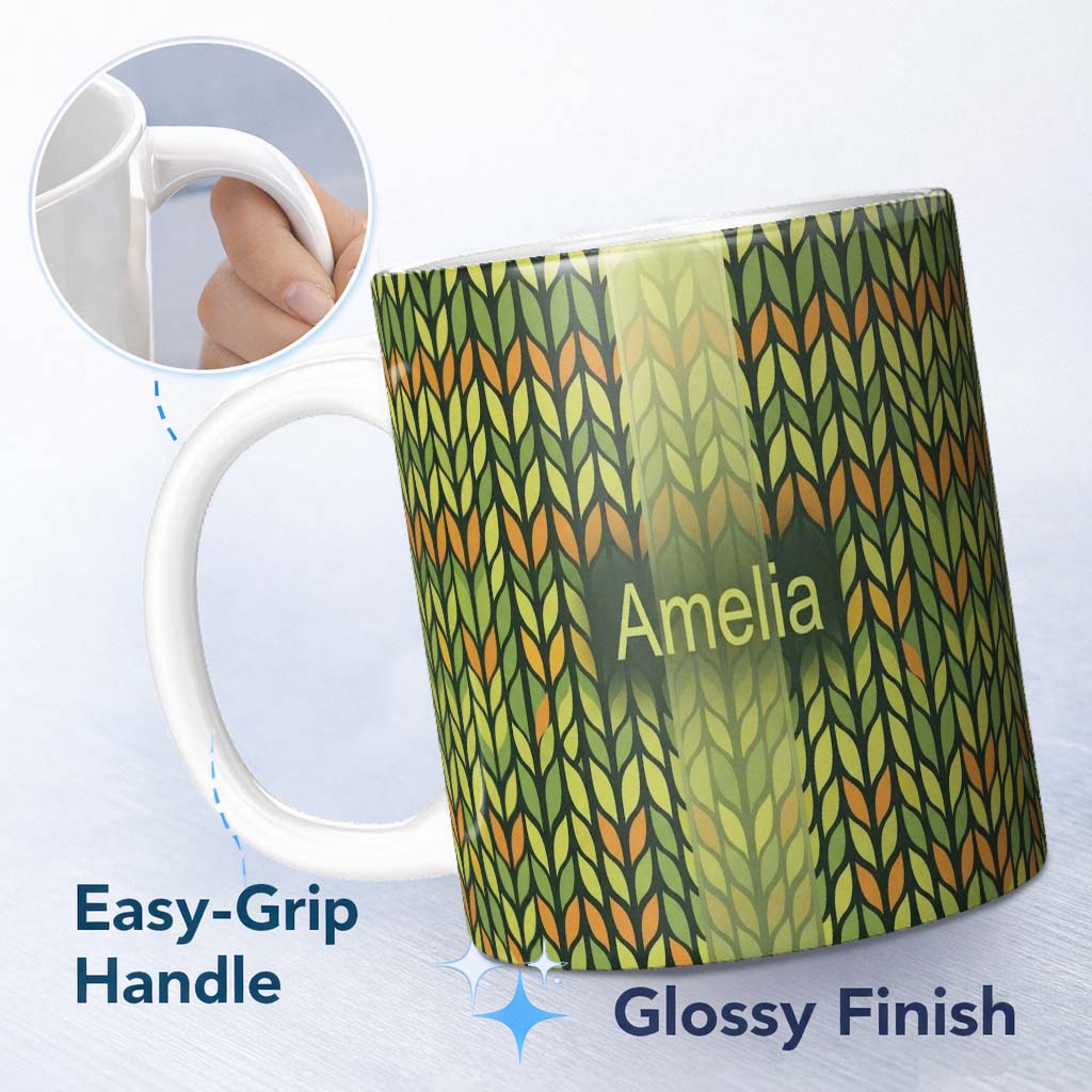 Personalized Custom Name Abstract Vertical Leaf Stripes in Earthy Green and Gold Seamless 11oz Ceramic Coffee Tea Mug White Large Handle