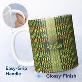 Personalized Custom Name Abstract Vertical Leaf Stripes in Earthy Green and Gold Seamless 11oz Ceramic Coffee Tea Mug White Large Handle