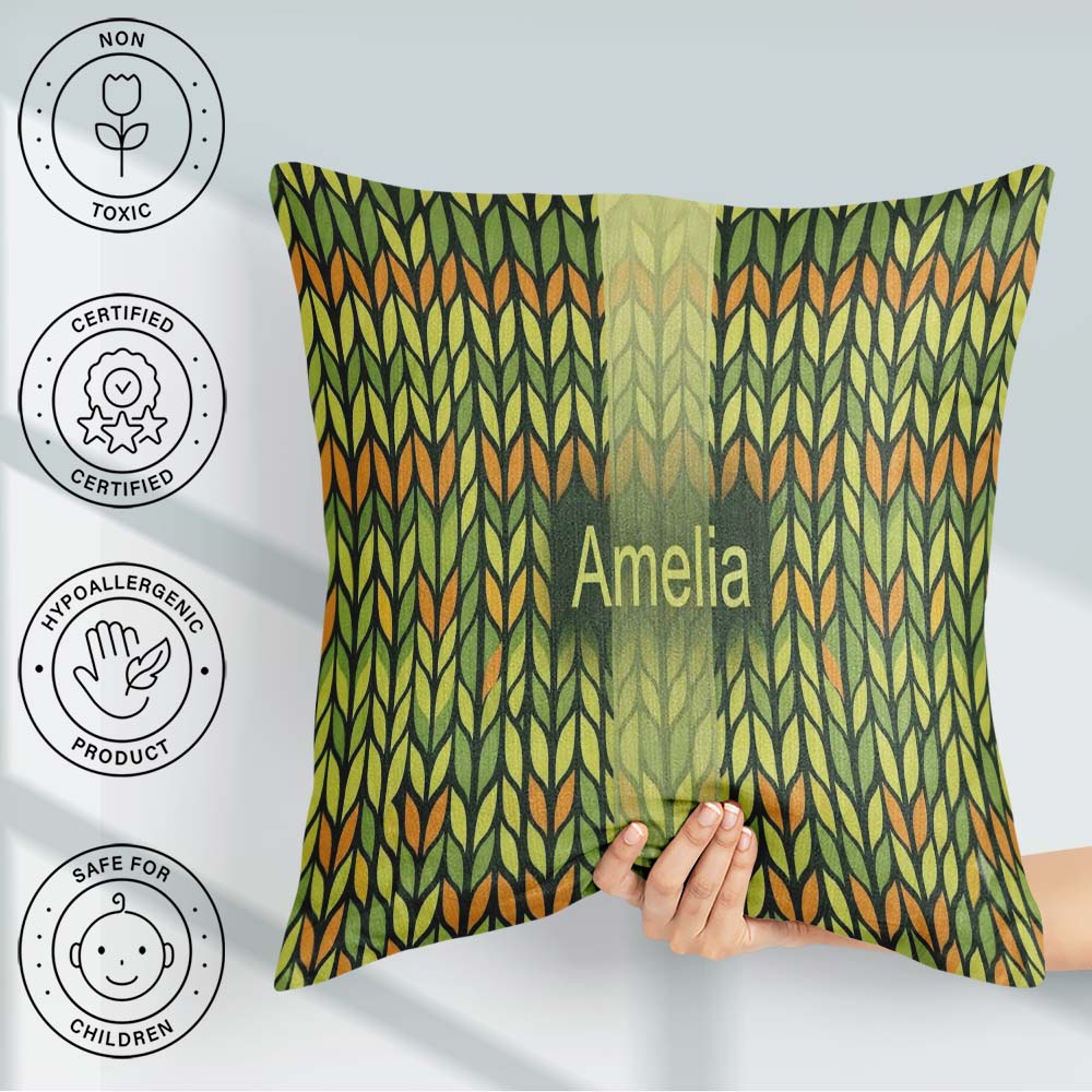 Custom Name Abstract Vertical Leaf Stripes Earthy Green and Gold Square Filled Cushion Throw Pillow Sofa Bed Home Decor Zip Washable UK Made
