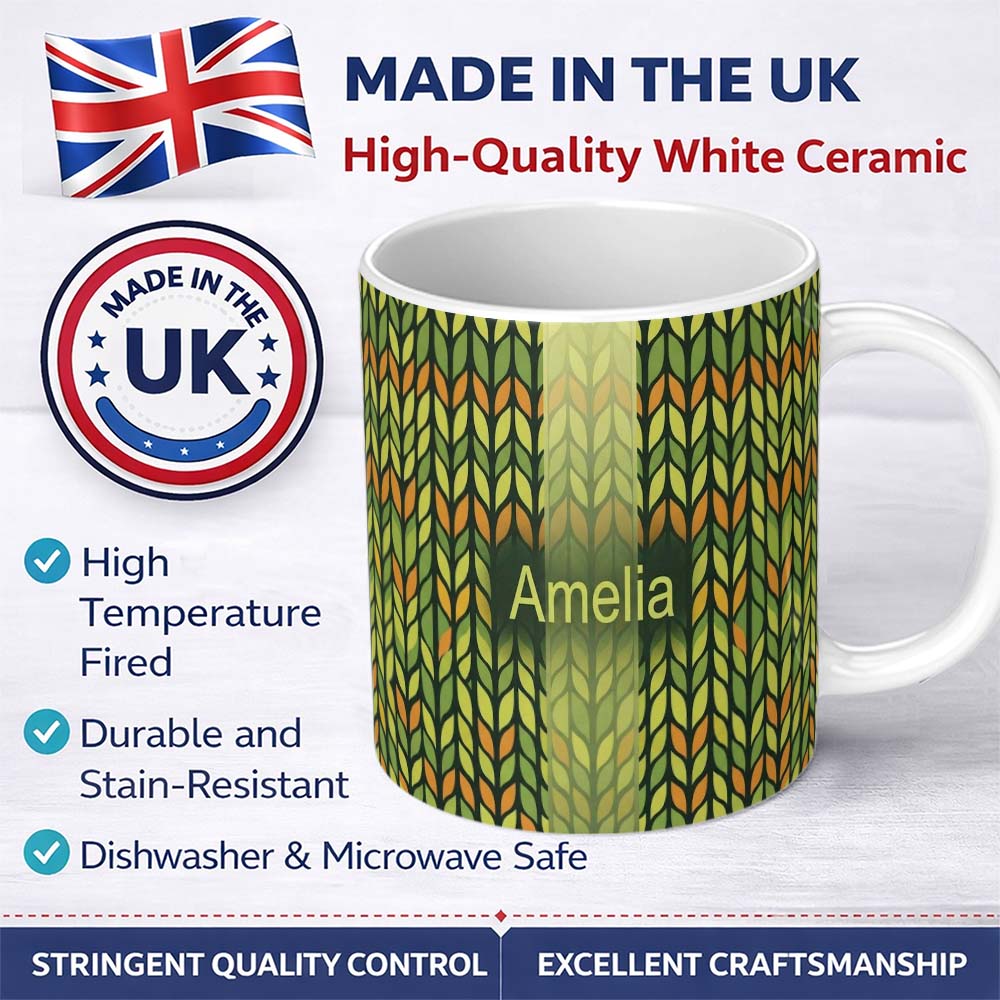 Personalized Custom Name Abstract Vertical Leaf Stripes in Earthy Green and Gold Seamless 11oz Ceramic Coffee Tea Mug White Large Handle