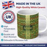 Personalized Custom Name Abstract Vertical Leaf Stripes in Earthy Green and Gold Seamless 11oz Ceramic Coffee Tea Mug White Large Handle