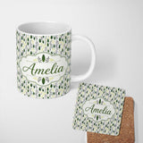 Personalized Custom Name Minimal Botanical Leaves and Branches on Light Background Seamless 11oz Ceramic Coffee Tea Mug White Large Handle