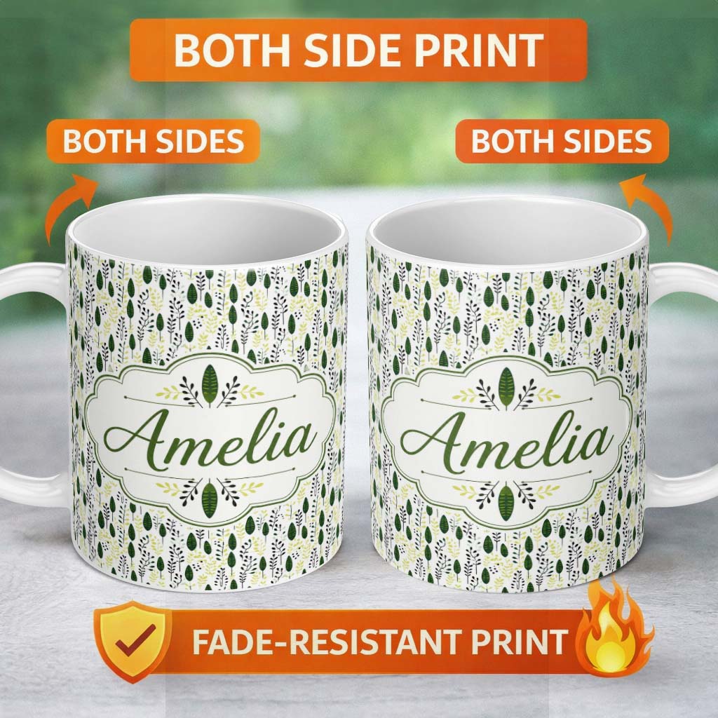 Personalized Custom Name Minimal Botanical Leaves and Branches on Light Background Seamless 11oz Ceramic Coffee Tea Mug White Large Handle