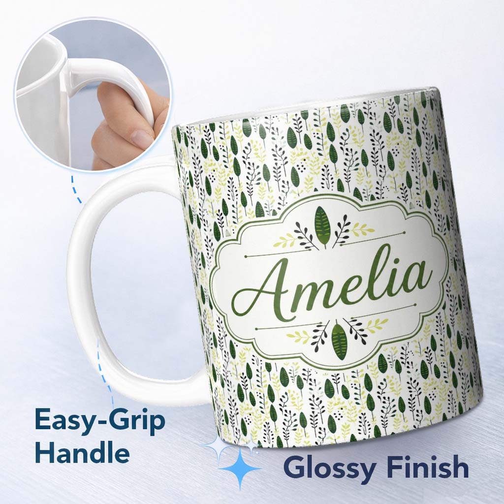 Personalized Custom Name Minimal Botanical Leaves and Branches on Light Background Seamless 11oz Ceramic Coffee Tea Mug White Large Handle