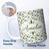Personalized Custom Name Minimal Botanical Leaves and Branches on Light Background Seamless 11oz Ceramic Coffee Tea Mug White Large Handle