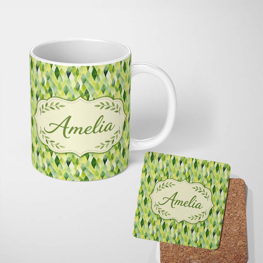 Personalized Custom Name Layered Watercolor Green Leaves with Soft Gradient Effect Seamless 11oz Ceramic Coffee Tea Mug White Large Handle