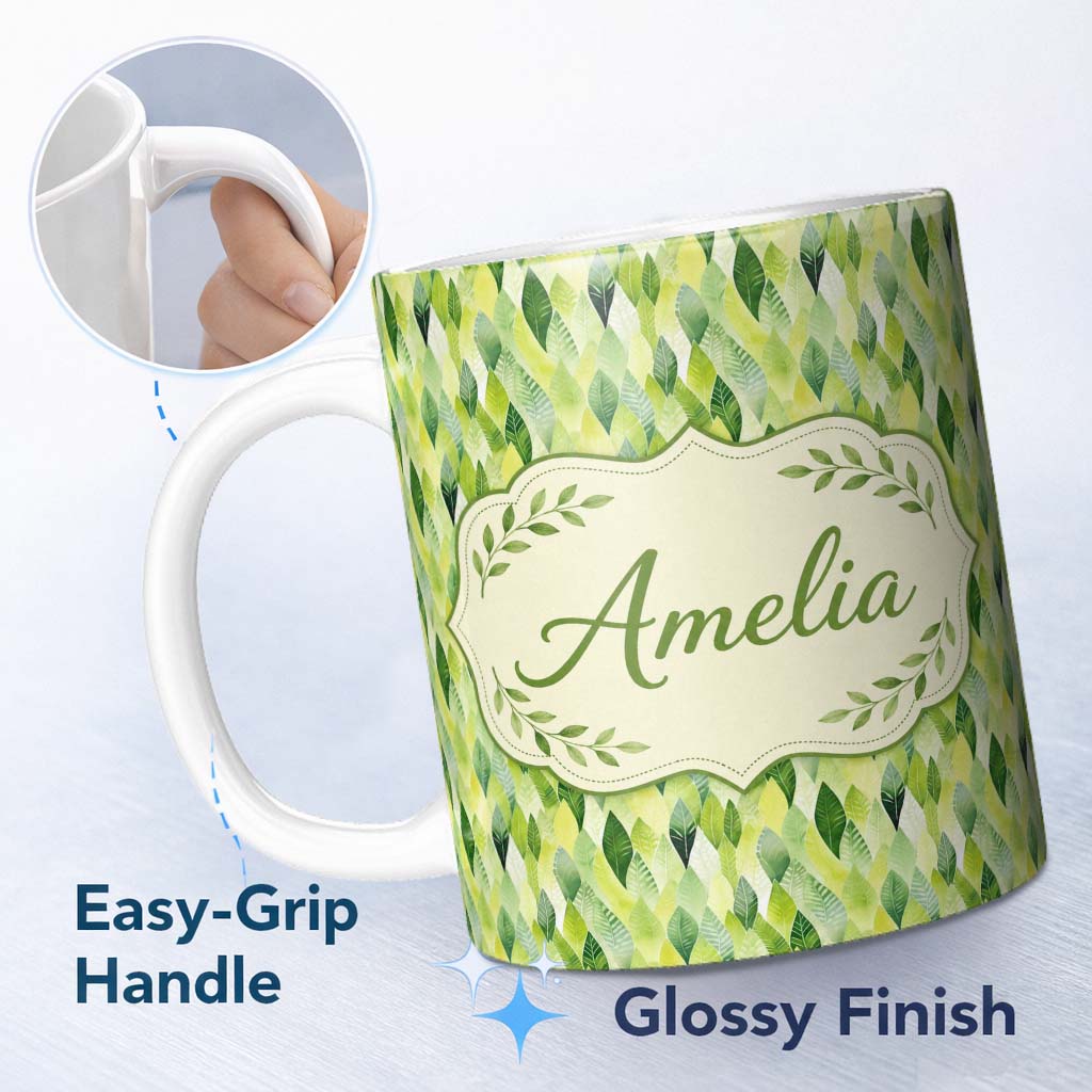 Personalized Custom Name Layered Watercolor Green Leaves with Soft Gradient Effect Seamless 11oz Ceramic Coffee Tea Mug White Large Handle