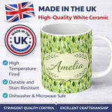 Personalized Custom Name Layered Watercolor Green Leaves with Soft Gradient Effect Seamless 11oz Ceramic Coffee Tea Mug White Large Handle