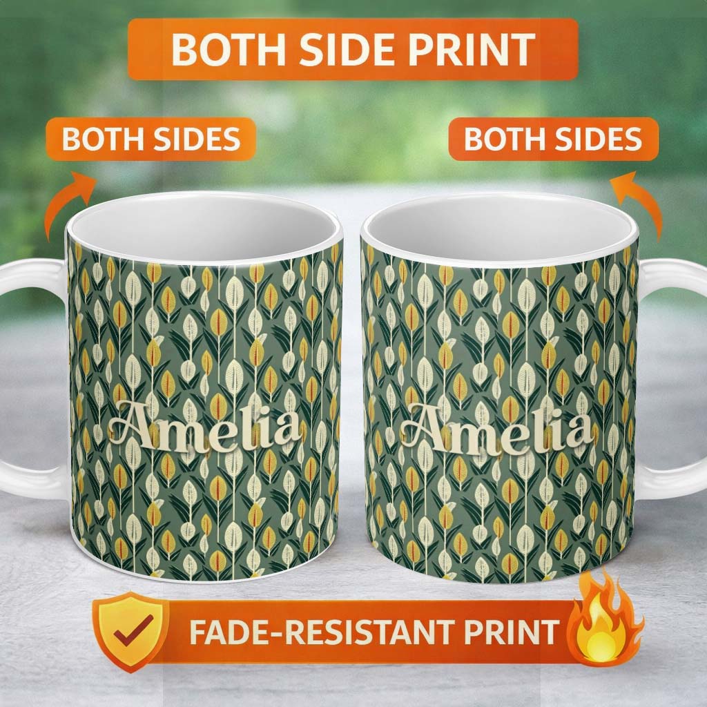Personalized Custom Name Stylized Leaf Stems in Green and Yellow on Muted Background 11oz Ceramic Coffee Tea Mug White Large Handle