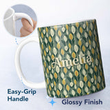 Personalized Custom Name Stylized Leaf Stems in Green and Yellow on Muted Background 11oz Ceramic Coffee Tea Mug White Large Handle