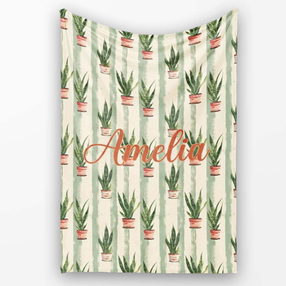 Vintage Snake Plant Pots with Soft Striped Background Seamless  Personalised Custom Name Super Soft Fleece Blanket Bed Sofa Throw