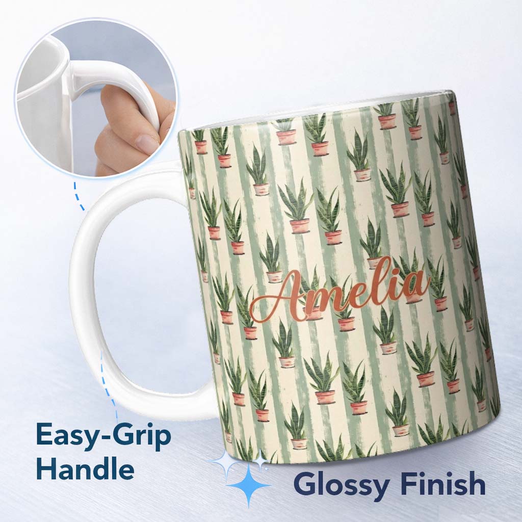 Personalized Custom Name Vintage Snake Plant Pots with Soft Striped Background Seamless 11oz Ceramic Coffee Tea Mug White Large Handle