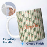 Personalized Custom Name Vintage Snake Plant Pots with Soft Striped Background Seamless 11oz Ceramic Coffee Tea Mug White Large Handle