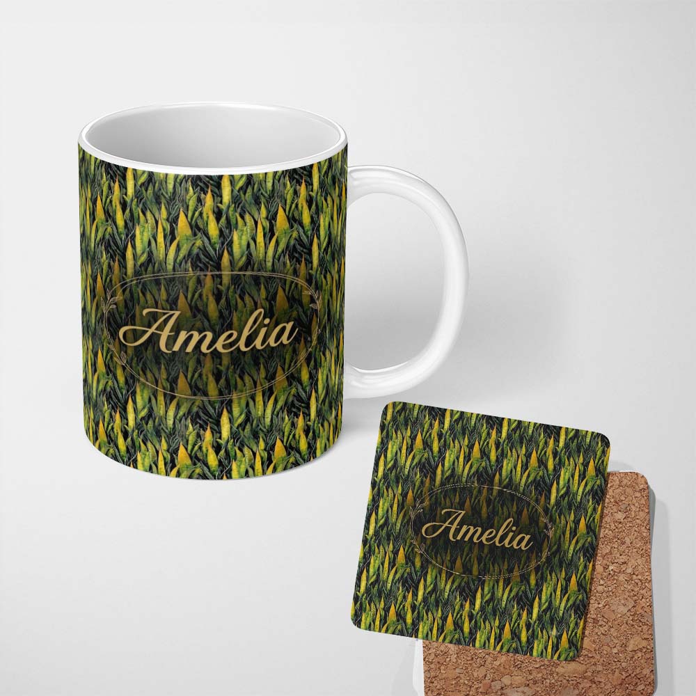 Personalized Custom Name Dense Tropical Snake Plant Leaves on Dark Background Seamless 11oz Ceramic Coffee Tea Mug White Large Handle