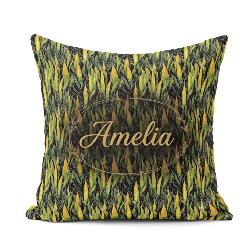 Custom Name Dense Tropical Snake Plant Leaves on Dark Background Square Filled Cushion Throw Pillow Sofa Bed Home Decor Zip Washable UK Made