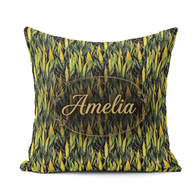 Custom Name Dense Tropical Snake Plant Leaves on Dark Background Square Filled Cushion Throw Pillow Sofa Bed Home Decor Zip Washable UK Made