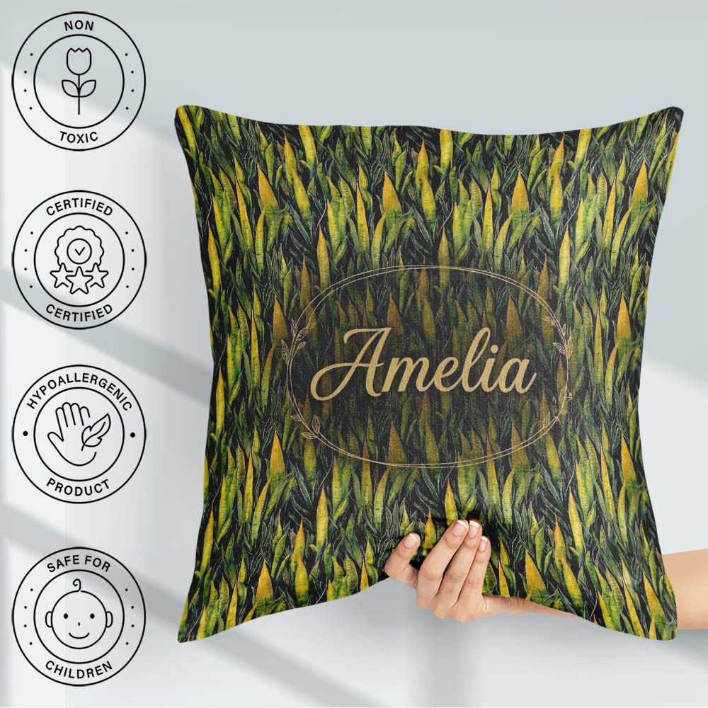 Custom Name Dense Tropical Snake Plant Leaves on Dark Background Square Filled Cushion Throw Pillow Sofa Bed Home Decor Zip Washable UK Made