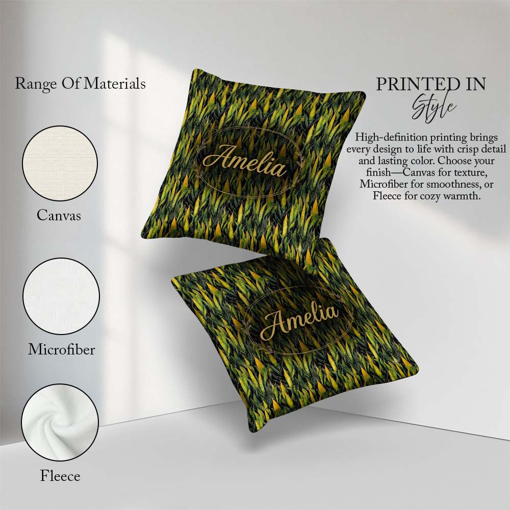 Custom Name Dense Tropical Snake Plant Leaves on Dark Background Square Filled Cushion Throw Pillow Sofa Bed Home Decor Zip Washable UK Made