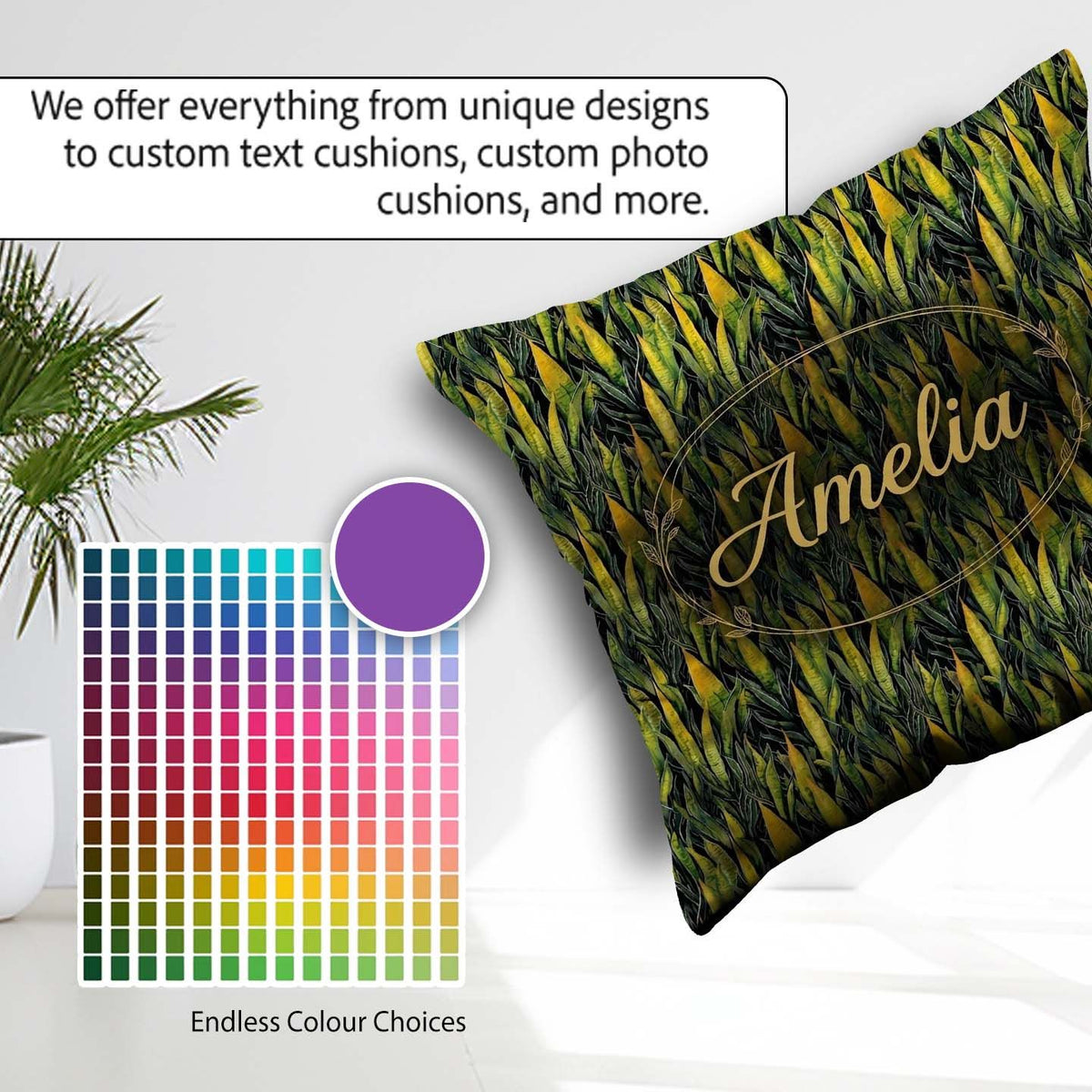 Custom Name Dense Tropical Snake Plant Leaves on Dark Background Square Filled Cushion Throw Pillow Sofa Bed Home Decor Zip Washable UK Made