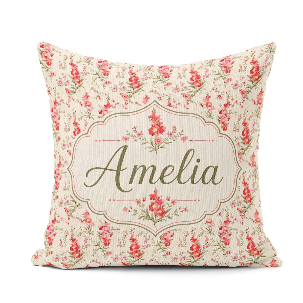 Custom Name Elegant Red Floral Bouquets on Soft Cream Background Square Filled Cushion Throw Pillow Sofa Bed Home Decor Zip Washable UK Made