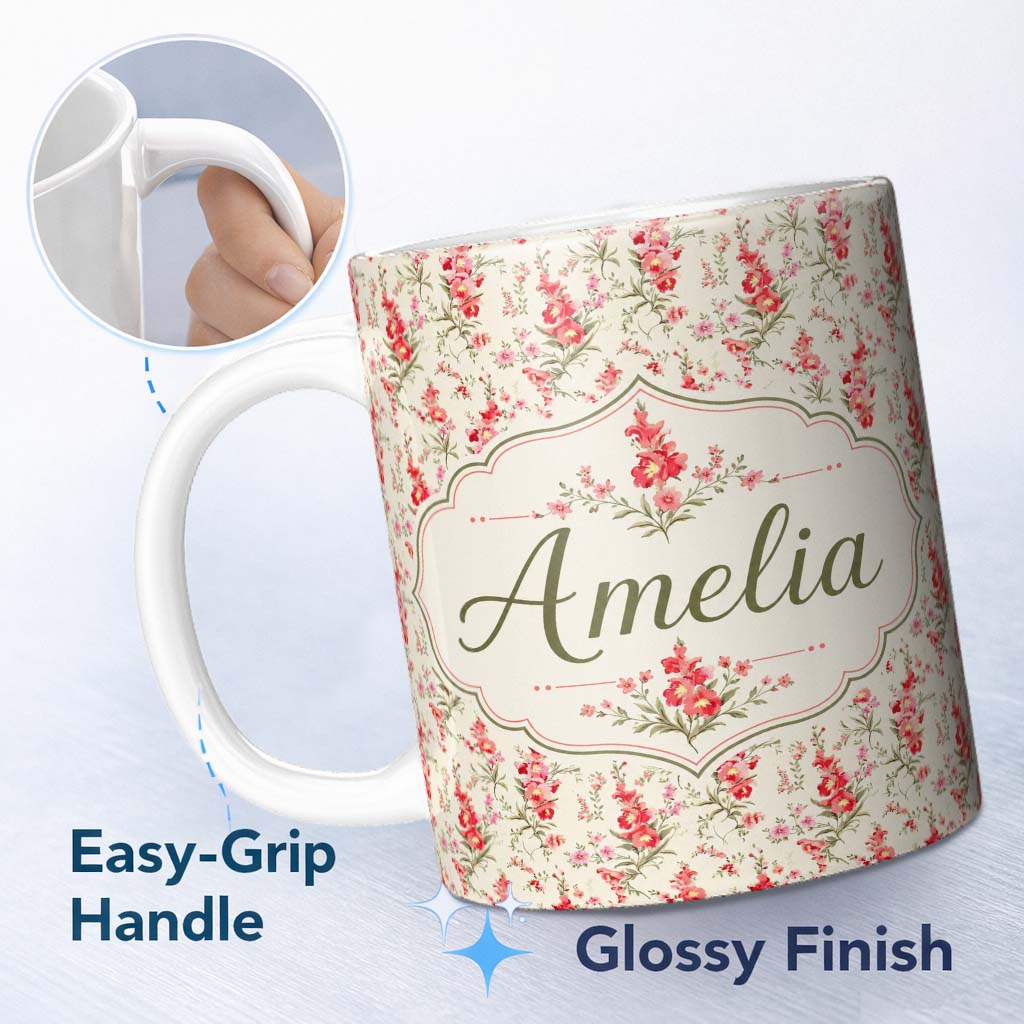 Personalized Custom Name Elegant Red Floral Bouquets on Soft Cream Background Seamless 11oz Ceramic Coffee Tea Mug White Large Handle
