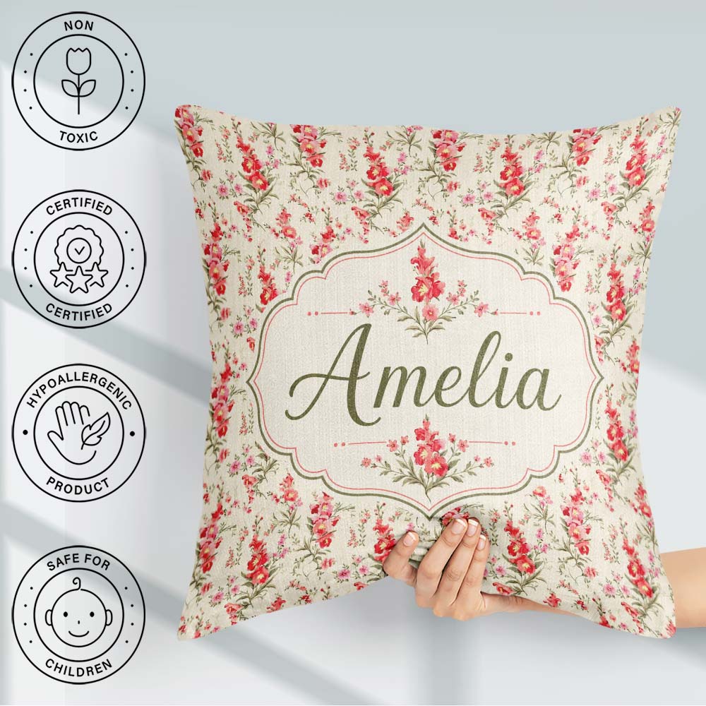 Custom Name Elegant Red Floral Bouquets on Soft Cream Background Square Filled Cushion Throw Pillow Sofa Bed Home Decor Zip Washable UK Made