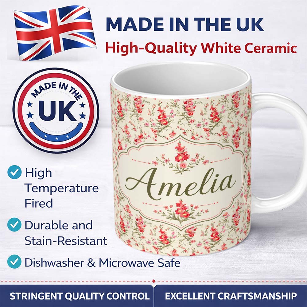 Personalized Custom Name Elegant Red Floral Bouquets on Soft Cream Background Seamless 11oz Ceramic Coffee Tea Mug White Large Handle