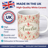 Personalized Custom Name Elegant Red Floral Bouquets on Soft Cream Background Seamless 11oz Ceramic Coffee Tea Mug White Large Handle