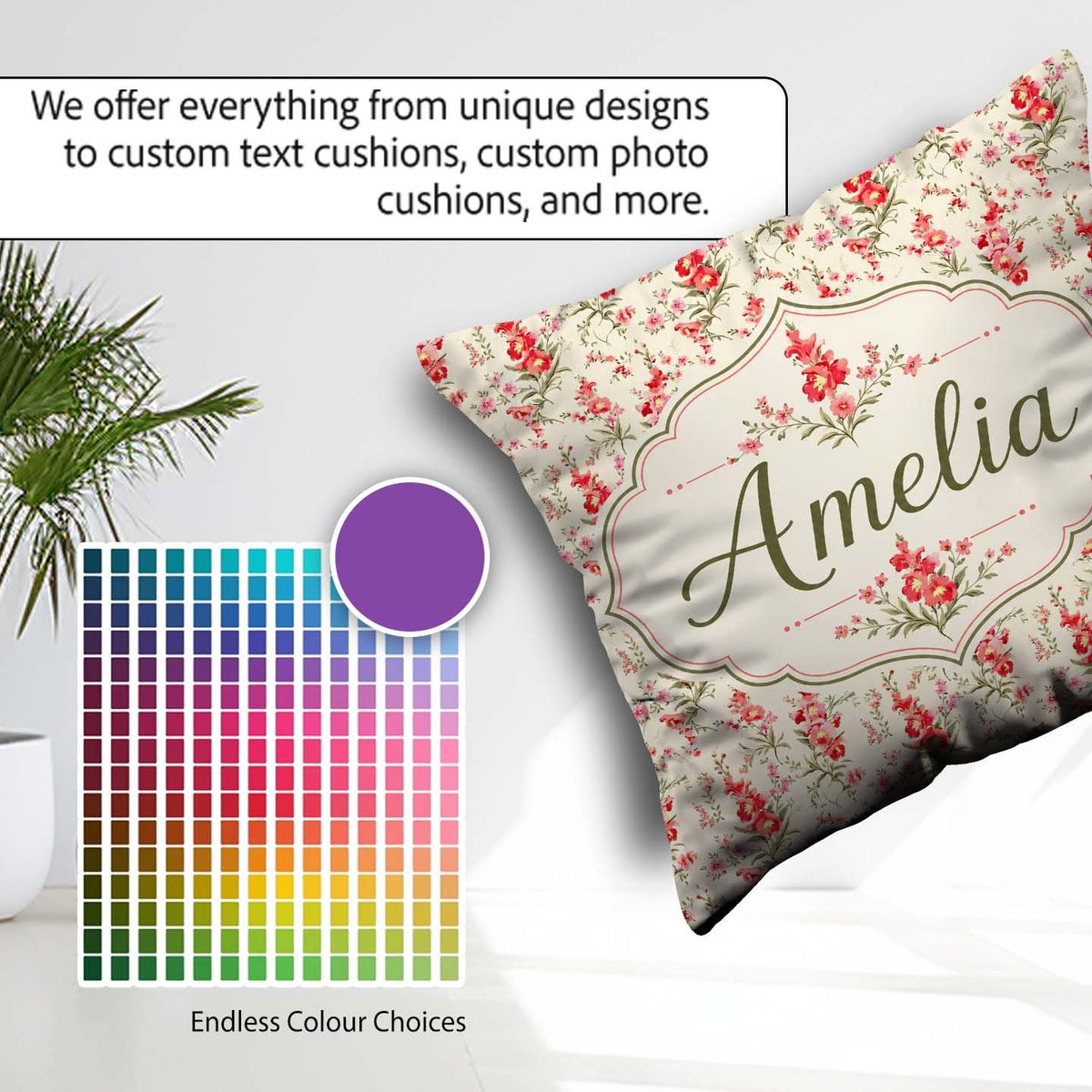 Custom Name Elegant Red Floral Bouquets on Soft Cream Background Square Filled Cushion Throw Pillow Sofa Bed Home Decor Zip Washable UK Made