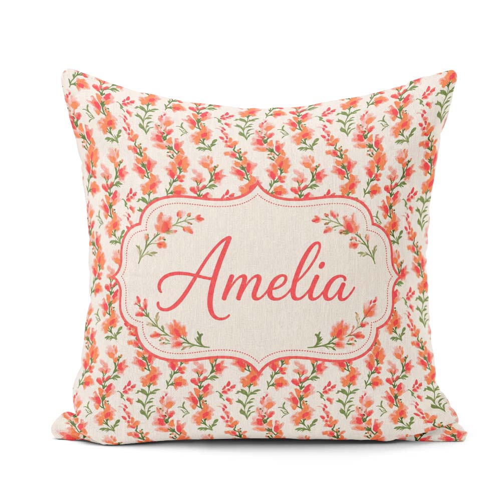Custom Name Soft Coral Orange Wildflowers on Background Seamless Square Filled Cushion Throw Pillow Sofa Bed Home Decor Zip Washable UK Made