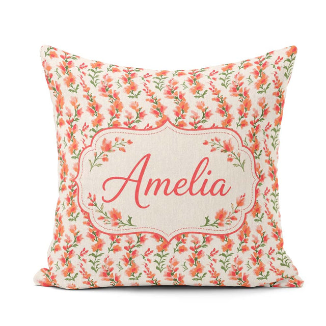 Custom Name Soft Coral Orange Wildflowers on Background Seamless Square Filled Cushion Throw Pillow Sofa Bed Home Decor Zip Washable UK Made