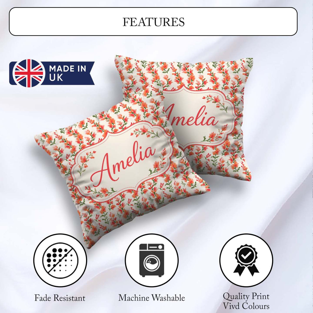 Custom Name Soft Coral Orange Wildflowers on Background Seamless Square Filled Cushion Throw Pillow Sofa Bed Home Decor Zip Washable UK Made