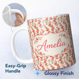 Personalized Custom Name Soft Coral Orange Wildflowers on Light Background Seamless Pattern 11oz Ceramic Coffee Tea Mug White Large Handle