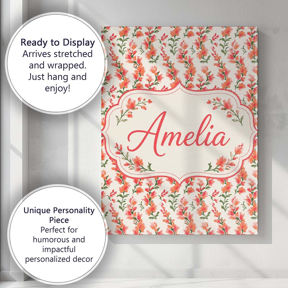 Personalised Name Soft Coral Orange Wildflowers on Light Custom Creative Decorator Style Canvas Wall Art Print Decor Picture Ready to Hang