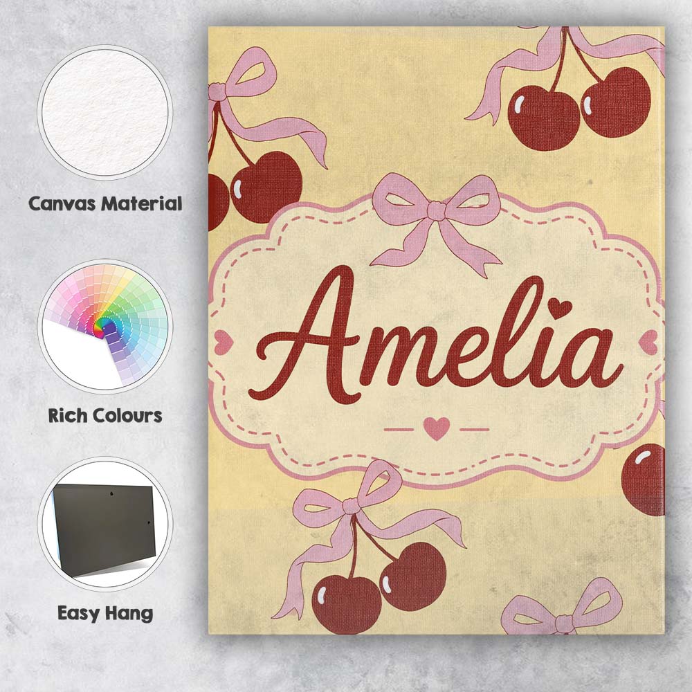 Personalised Name Cherry Bow Ribbon Cute Golden Beige Soft Background Custom Home Unique Canvas Wall Art Print Decor Picture Ready to Hang
