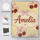 Personalised Name Cherry Bow Ribbon Cute Golden Beige Soft Background Custom Home Unique Canvas Wall Art Print Decor Picture Ready to Hang