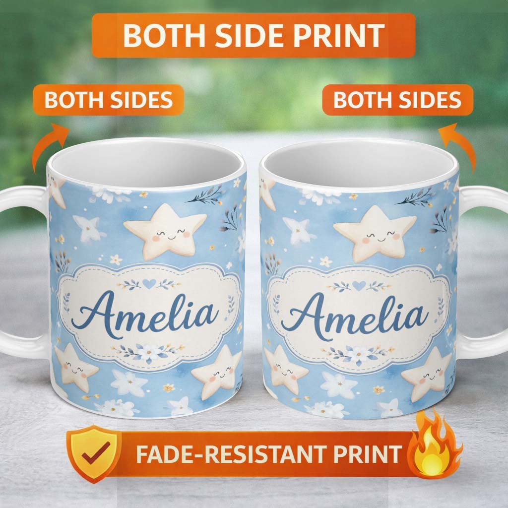 Personalized Custom Name Cute Smiling Starfish with Soft Blue Floral Background Seamless 11oz Ceramic Coffee Tea Mug White Large Handle