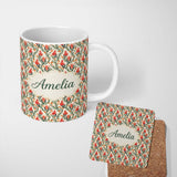 Personalized Custom Name Elegant Red Floral Vines with Small Blossoms Seamless Pattern Name 11oz Ceramic Coffee Tea Mug White Large Handle