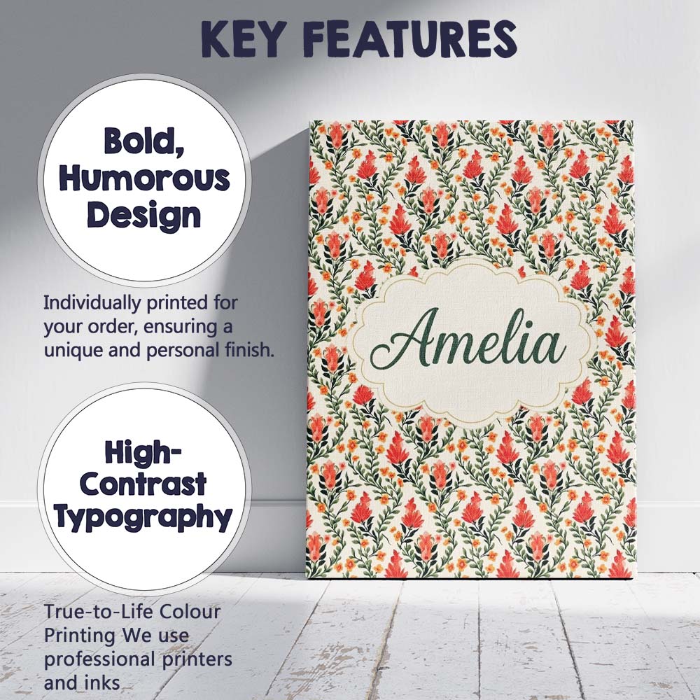 Personalised Name Elegant Red Floral Vines Custom  Bespoke Contemporary Statement Canvas Wall Art Print Decor Picture Ready to Hang