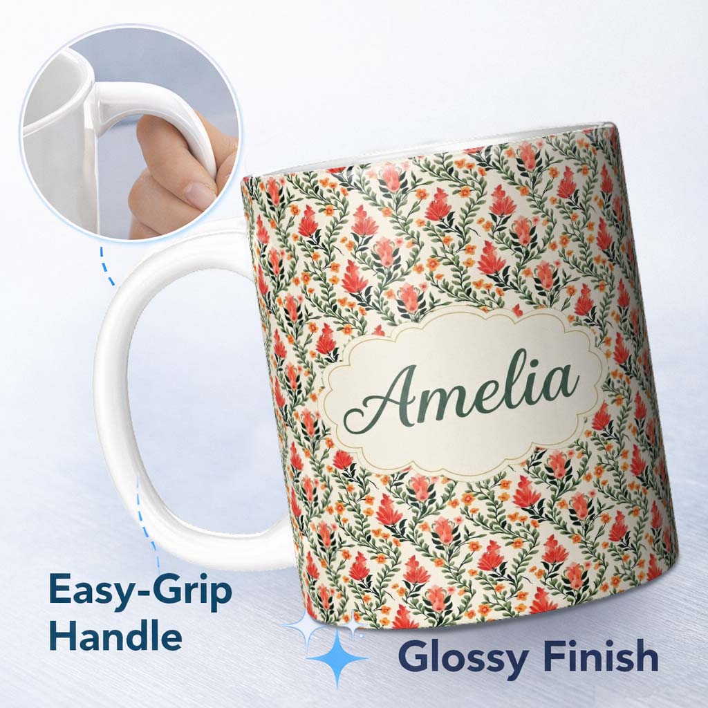 Personalized Custom Name Elegant Red Floral Vines with Small Blossoms Seamless Pattern Name 11oz Ceramic Coffee Tea Mug White Large Handle