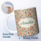 Personalized Custom Name Elegant Red Floral Vines with Small Blossoms Seamless Pattern Name 11oz Ceramic Coffee Tea Mug White Large Handle