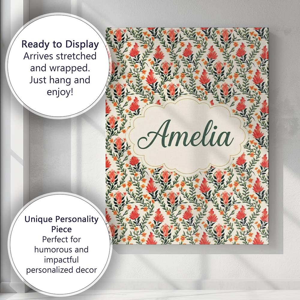 Personalised Name Elegant Red Floral Vines Custom  Bespoke Contemporary Statement Canvas Wall Art Print Decor Picture Ready to Hang