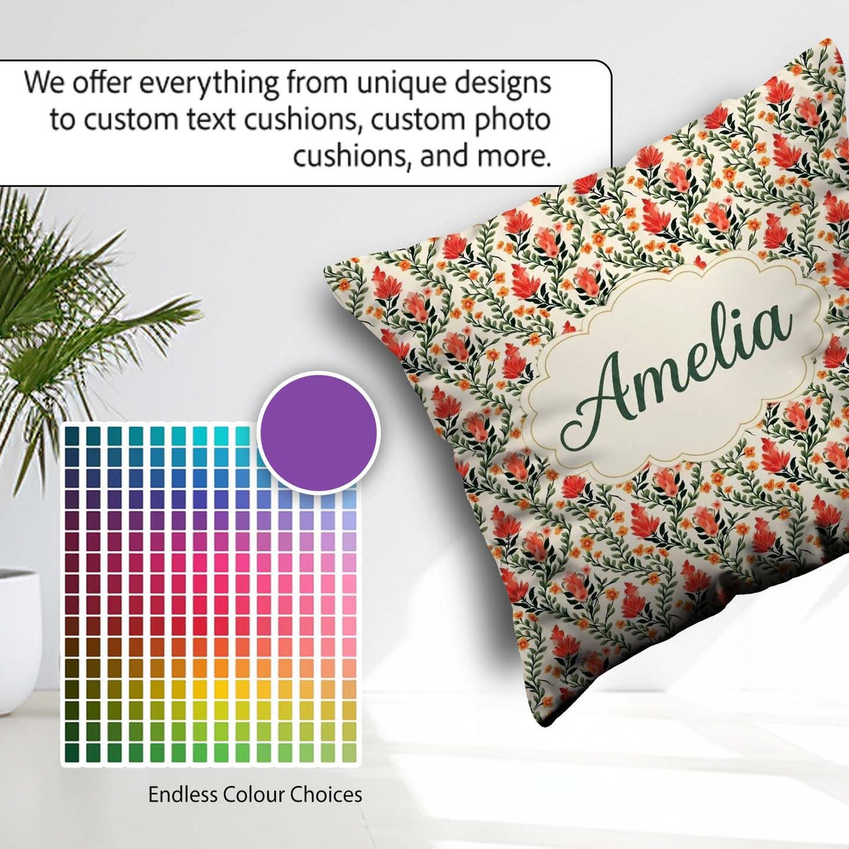Custom Name Elegant Red Floral Vines with Small Blossoms Pattern Square Filled Cushion Throw Pillow Sofa Bed Home Decor Zip Washable UK Made