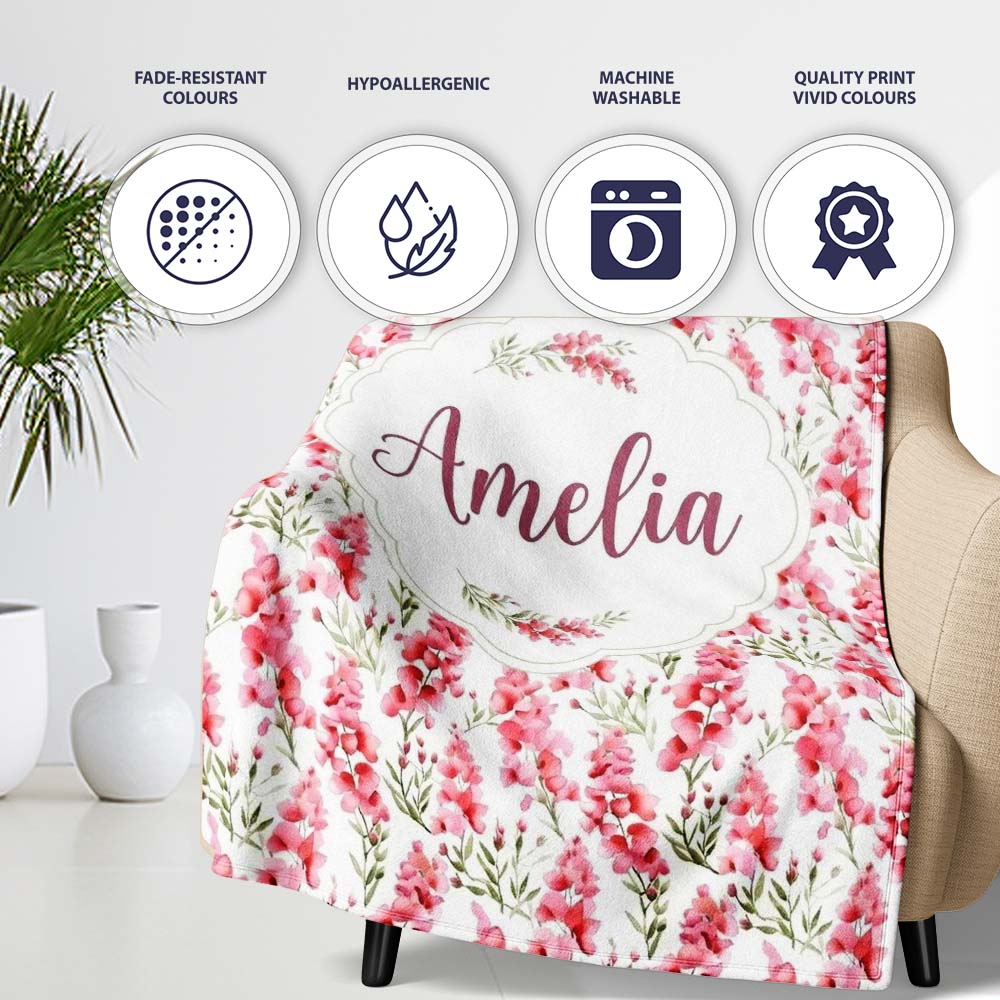 Delicate Pink Watercolor Blossom Sprigs on Soft Background Seamless  Personalised Custom Name Super Soft Fleece Blanket Bed Sofa Throw