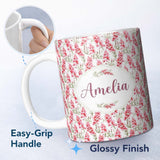 Personalized Custom Name Delicate Pink Watercolor Blossom Sprigs on Soft Background Seamless 11oz Ceramic Coffee Tea Mug White Large Handle