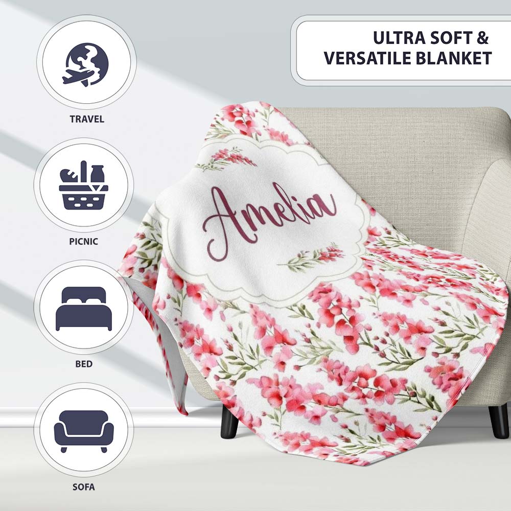 Delicate Pink Watercolor Blossom Sprigs on Soft Background Seamless  Personalised Custom Name Super Soft Fleece Blanket Bed Sofa Throw