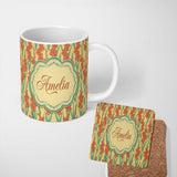 Personalized Custom Name Bold Orange Floral Blooms with Teal Leaves Seamless Pattern Name 11oz Ceramic Coffee Tea Mug White Large Handle